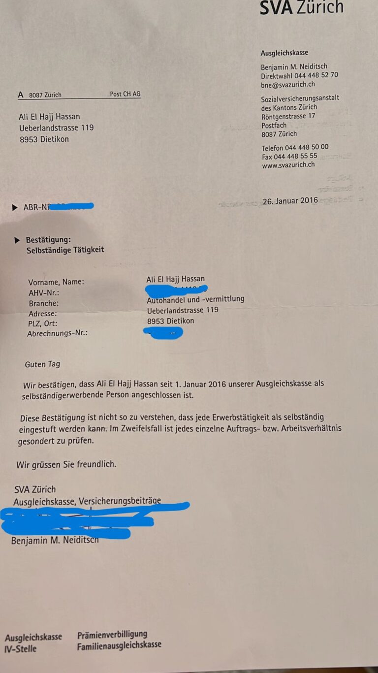 Offizielles Dokument der SVA Zürich zur Bestätigung der selbstständigen Tätigkeit von Ali El Hajj Hassan im Bereich Autohandel und Vermittlung seit 2016.